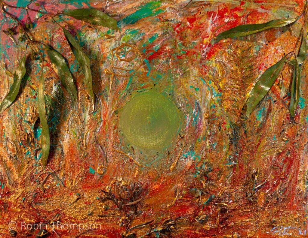 An acrylic and mixed media abstract piece showing many chaotic looking gold forms, and eucalyptus leaves placed on the top left and right of the canvas. Reds, golds, aqua and pink are predominant, and the centre is a smooth circle with a gold dot, to contrast against the chaos of the surrounding scene.