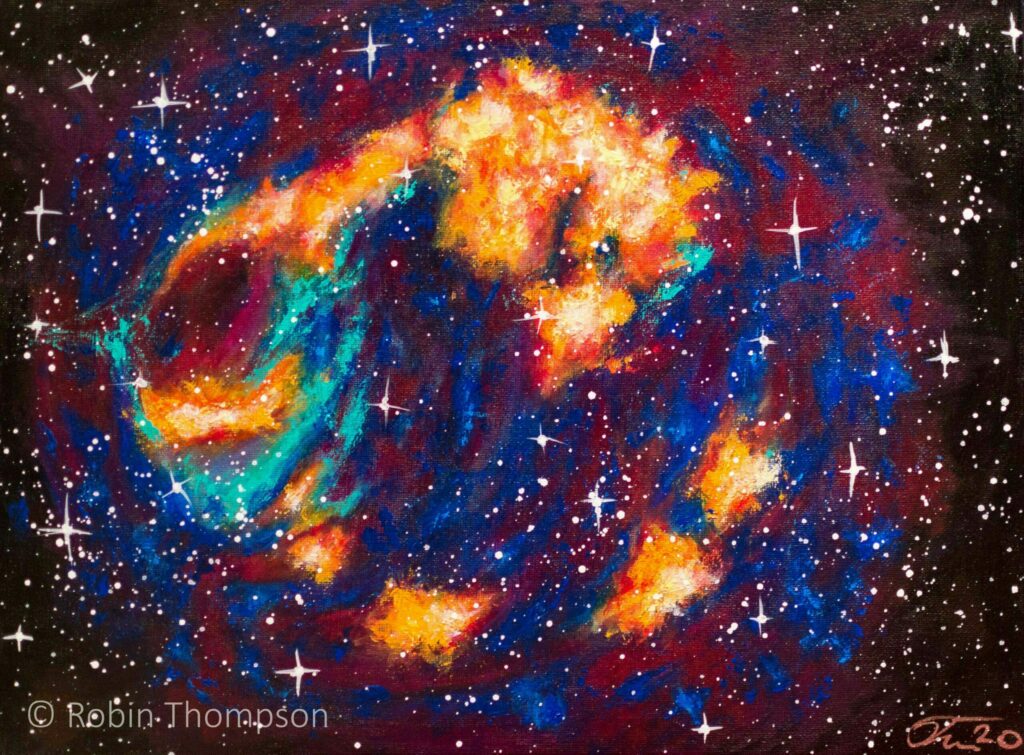 An acrylic painting of a supernova, showing deep purples, flame-like oranges/reds, and aqua greens and blues. Many star dot the deep black background.