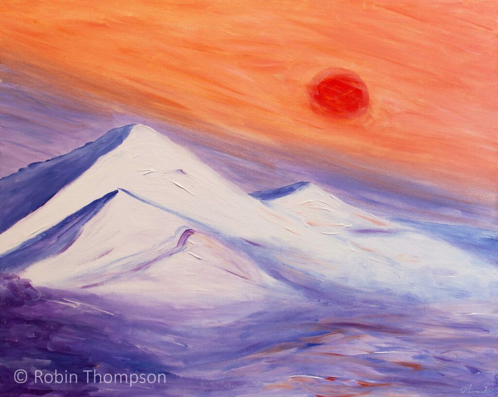 Expressive acrylic painting of a snowy sunset, with purples, whites and oranges dominating the scene.