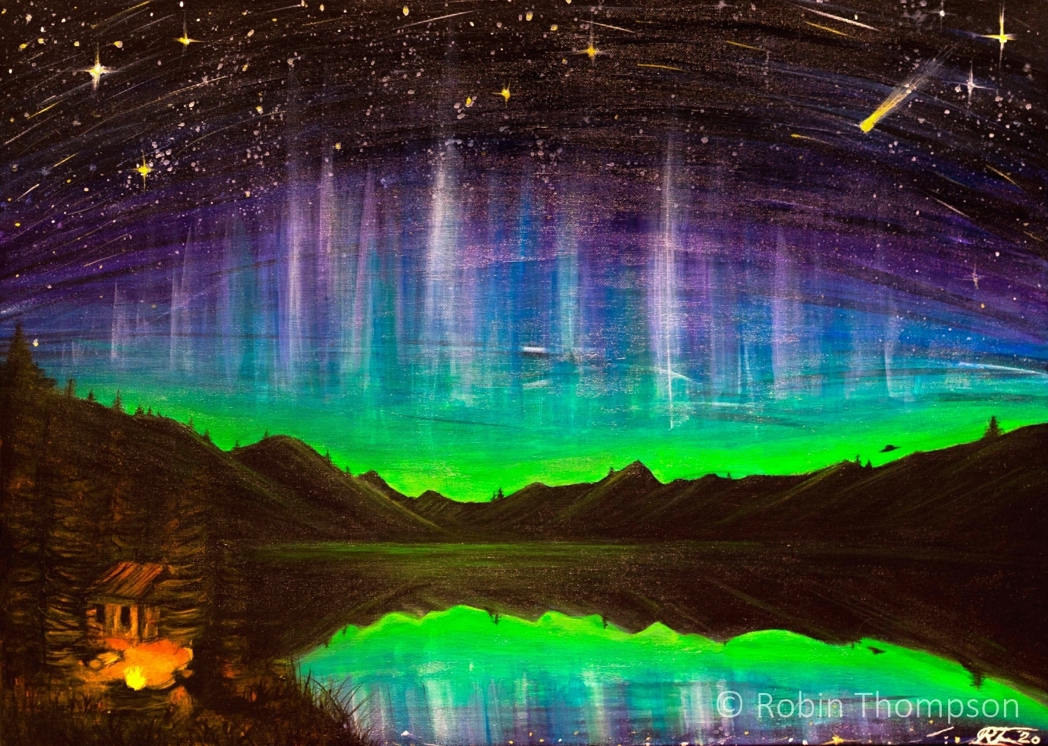 An acrylic painting of a beautiful aurora over a large lake, with mountains in the background and a man sitting next to a fire near his hut in the foreground. Stars shine bright in the dark background, and greens/blues/purples dominate the midground aurora.