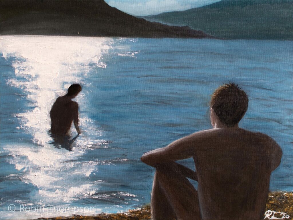 A mysterious looking scene showing a naked man sitting on the shore of a lake, looking towards the lake and sunset, with another man silhoutted in the water. Blues and greens dominate the water and background mountains.