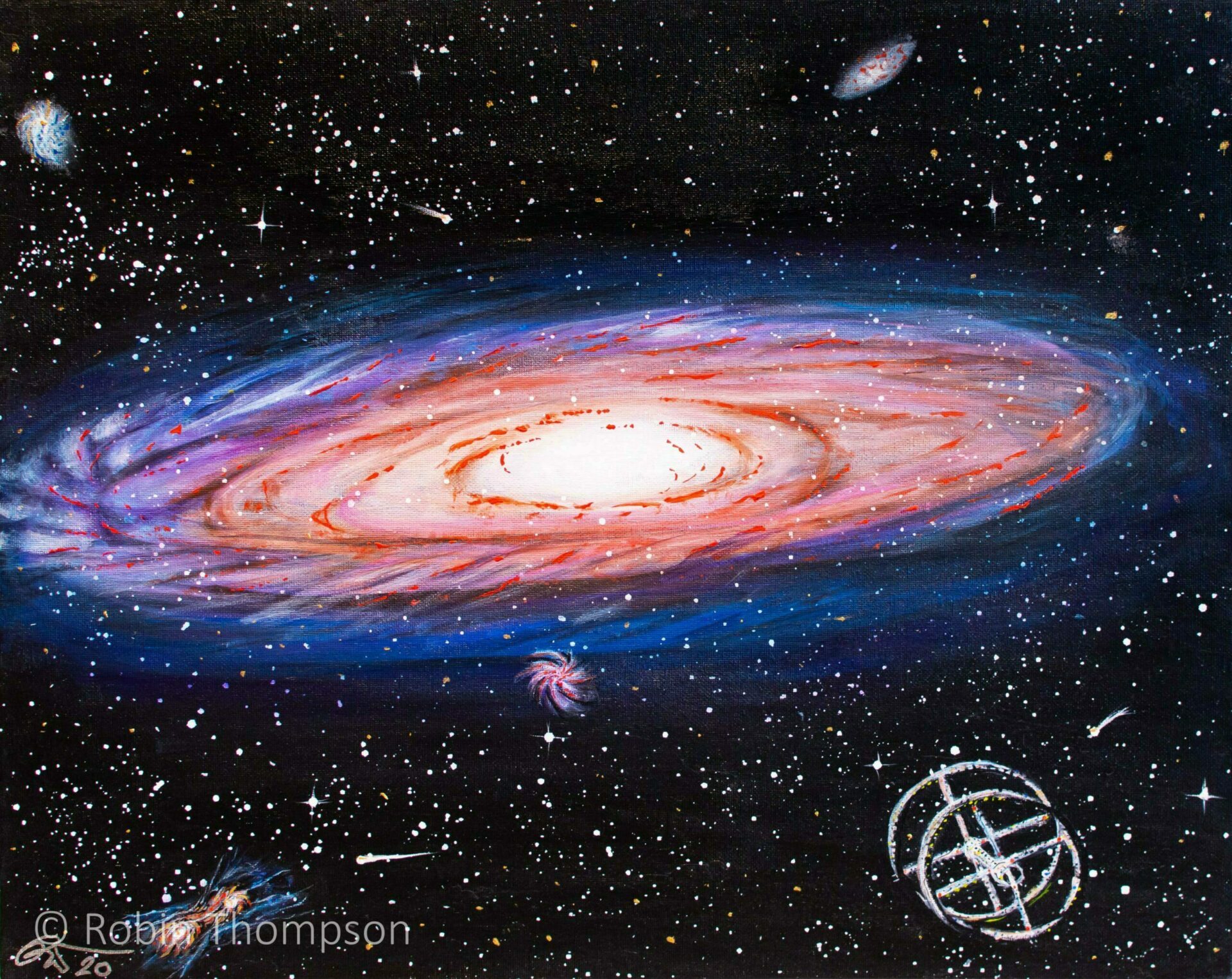 An acrylic painting of the Andromeda galaxy. A deep black space background is seen, along with many smaller galaxies and stars. A Kubrick-like spaceship is seen in the lower right. The centre galaxy has blues, purples, whites and reds dominating.
