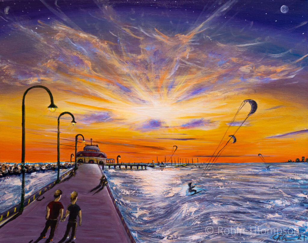 Acrylic painting of a magical looking sunset, with deep purples and oranges dominating the scene. A couple hold hands as they watch the view from an ocean pier. Kitesurfers are in the water.