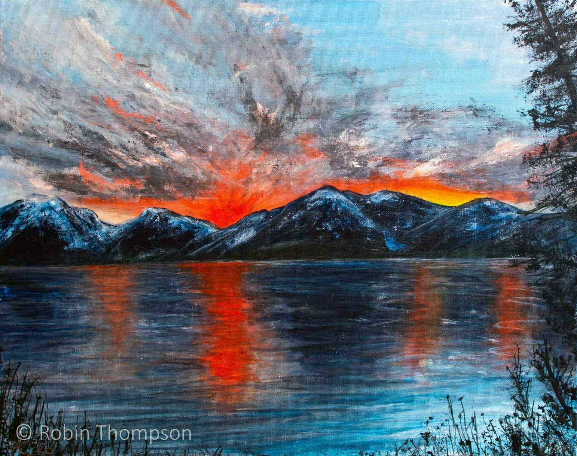 An acrylic painting of a blue and red mountain scene. Expressive clouds are painted in darker greys, adding drama to the sunset over the blue mountains. In the foreground are various trees and water plants painted in black.