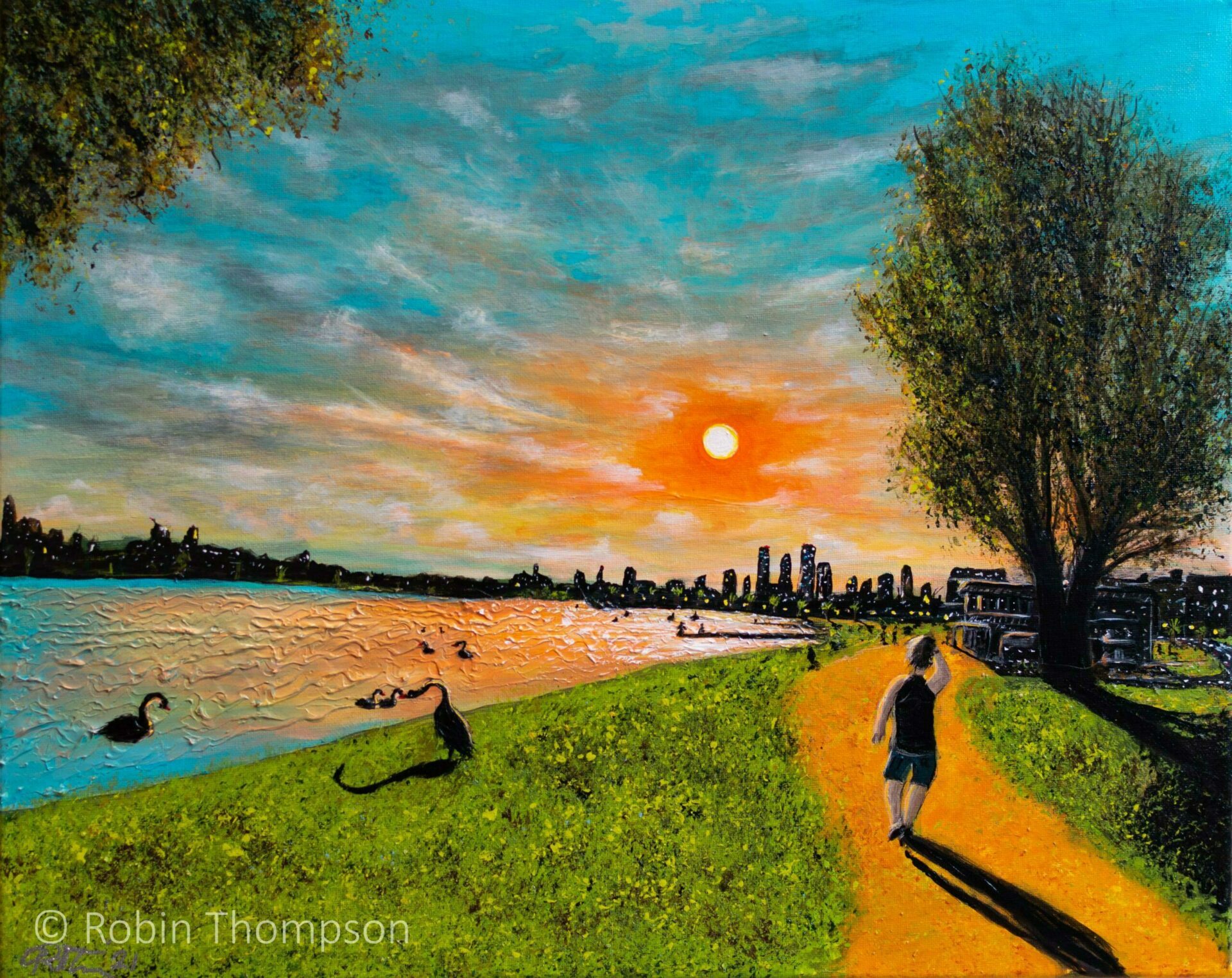 Acrylic painting of a sunset over Albert Park lake in Melbourne/Naarm, showing a city silhouette and swan familes, and a human looking towards the sunset.