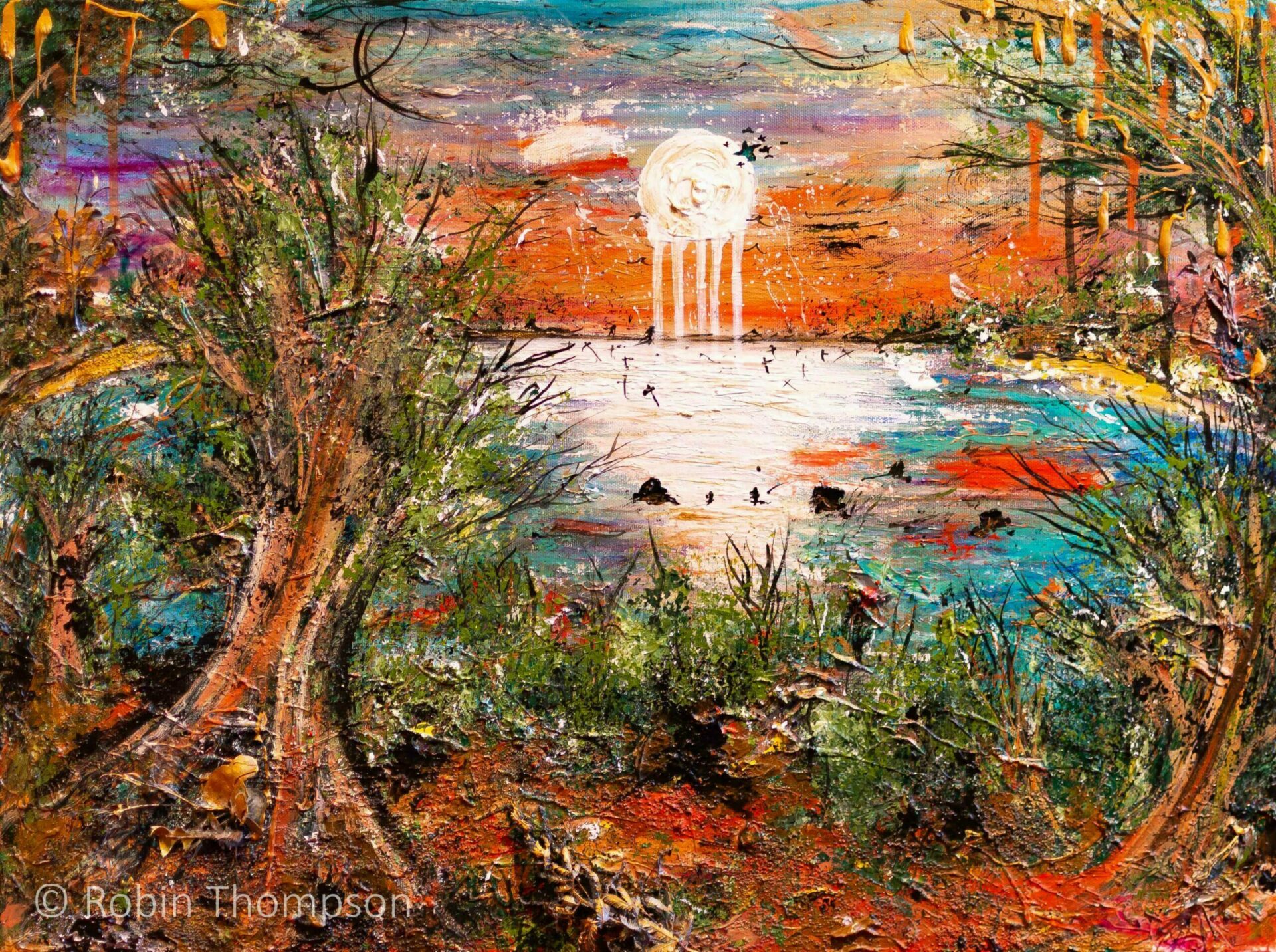 A scene showing a sunset over a lake, with the sun appearing to melt into the lake, and various dripping golds throughout. Abstract trees and shrubbery is shown in the foreground. Everything has a sense of movement and texture in the painting.