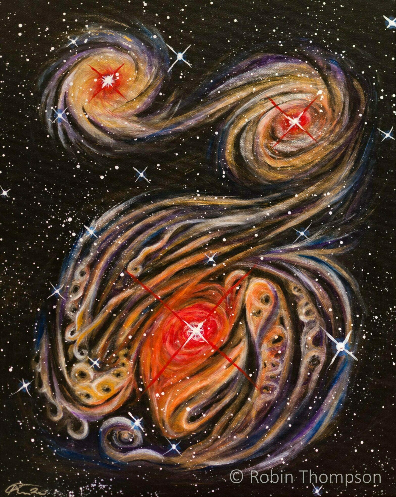 An acrylic painting of three galaxies colliding together. The bottom galaxy is the largest and is painted in a stylised manner, with many swirls throughout. The centre of each galaxy is bright red, and gold and silver paints dominate the rest of the forms, along with blues and oranges.