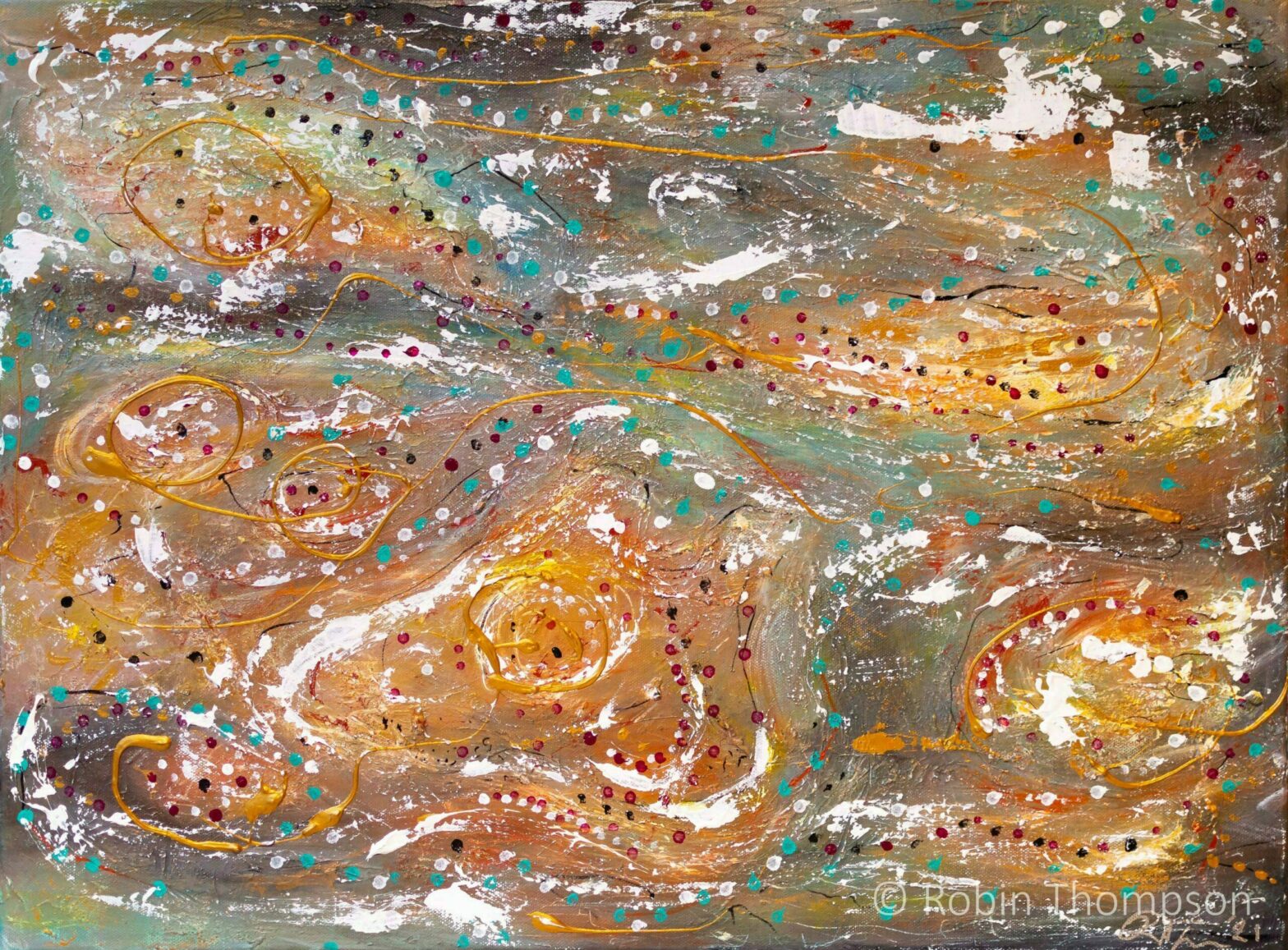 An abstract acrylic piece showing various lands appearing to be seen from above, with dots and lines scattered throughout. Purples, golds, whites and greens dominate.