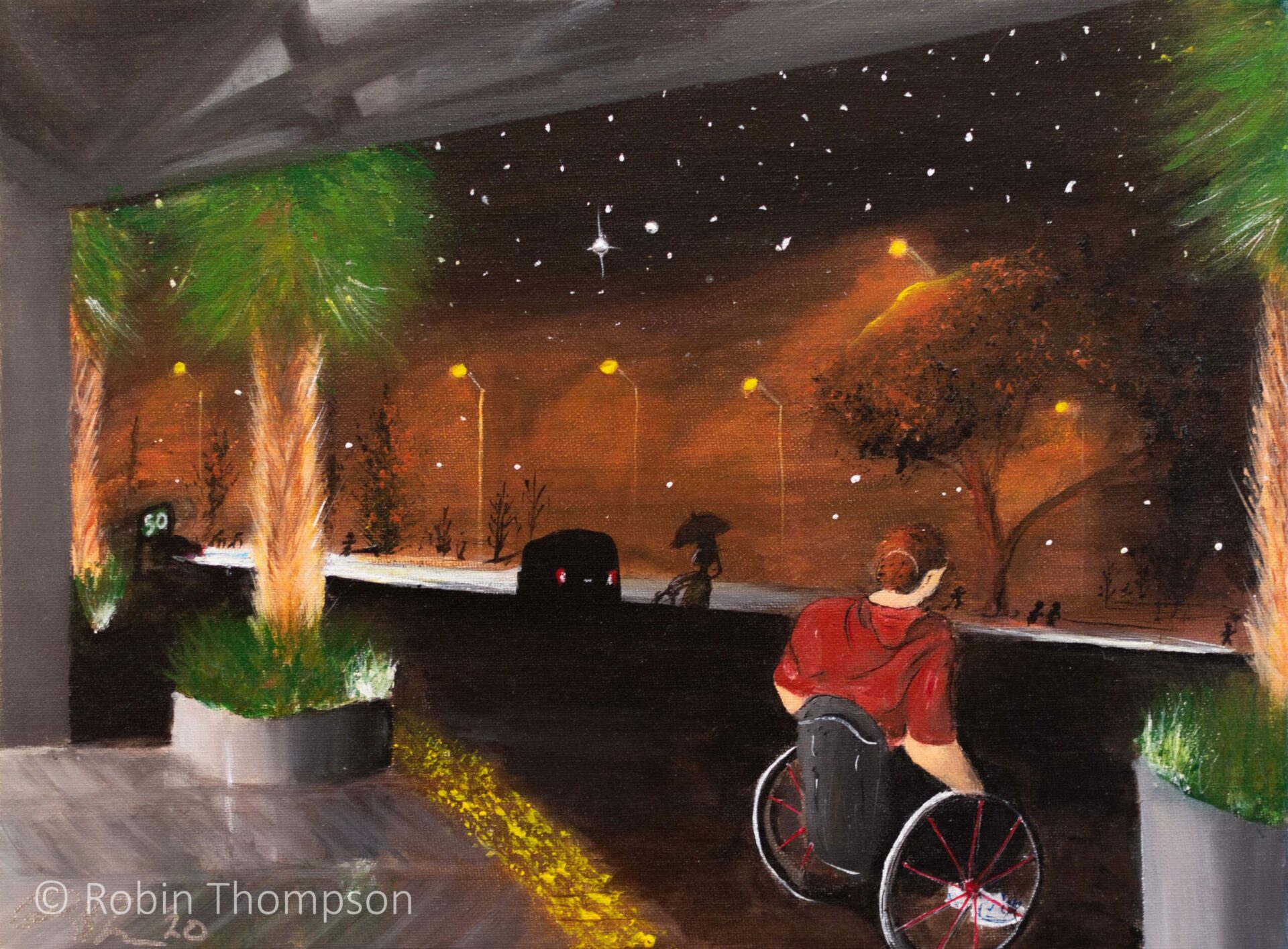An acrylic painting scene showing a man in a wheelchair looking out from under a building entrance, towards a rainy night. In the background are cars, passers-by and streetlights, with browns and blacks dominating. The background appears clouded in fog, but stars can be seen near the top of the painting.
