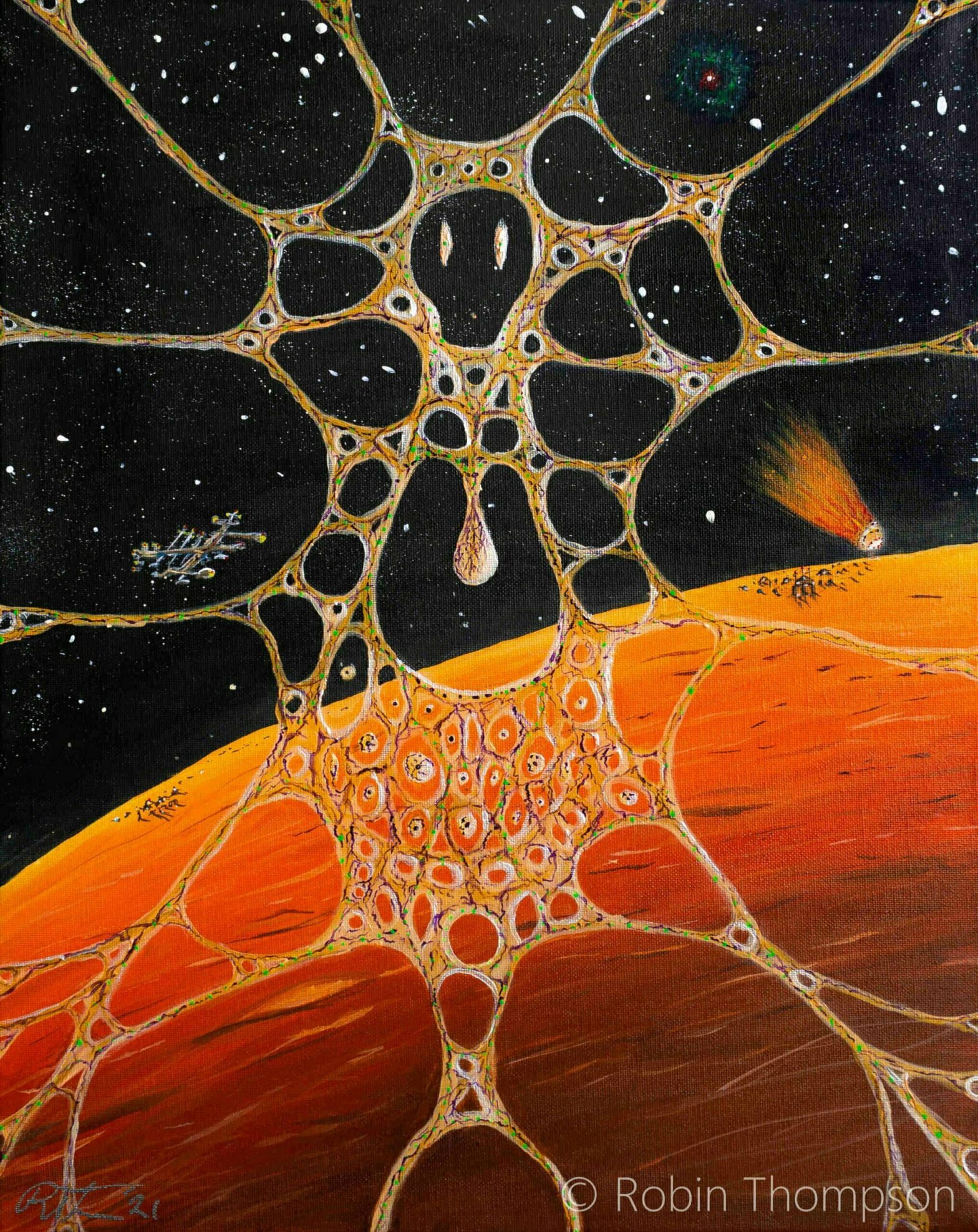 Acrylic painting showing a space scene of a large red planet, deep black stars in the background, and in the foreground a mysterious, alien-like figure with neuronal looking limbs. The figure appears to have a deep knowledge of the universe in which the painting is shown.