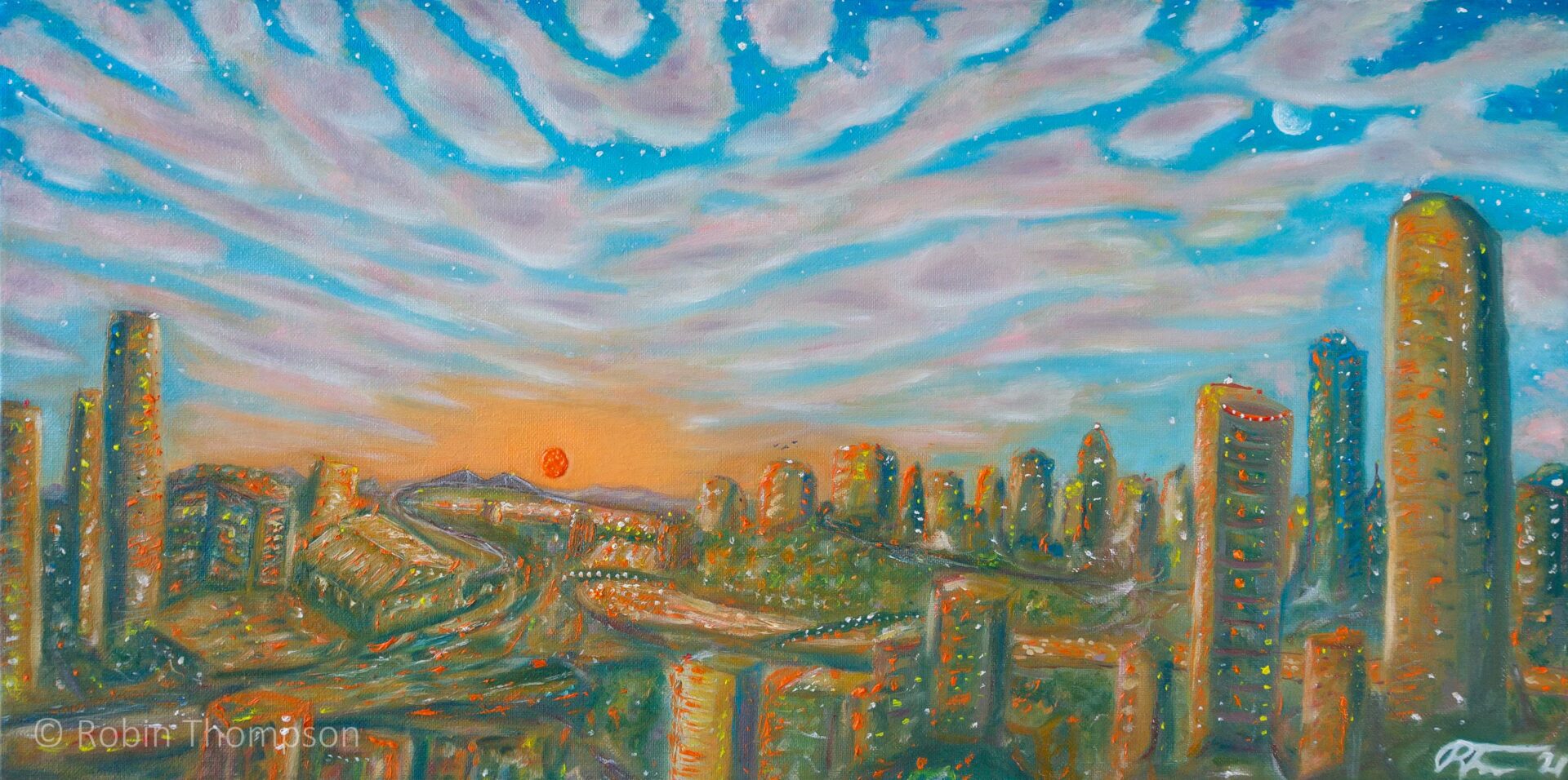 Oil painting of a stylised view of Melbourne/Naarm from Southbank, showing psychedlic-looking pink clouds, a bright sunset and golden city buildings.