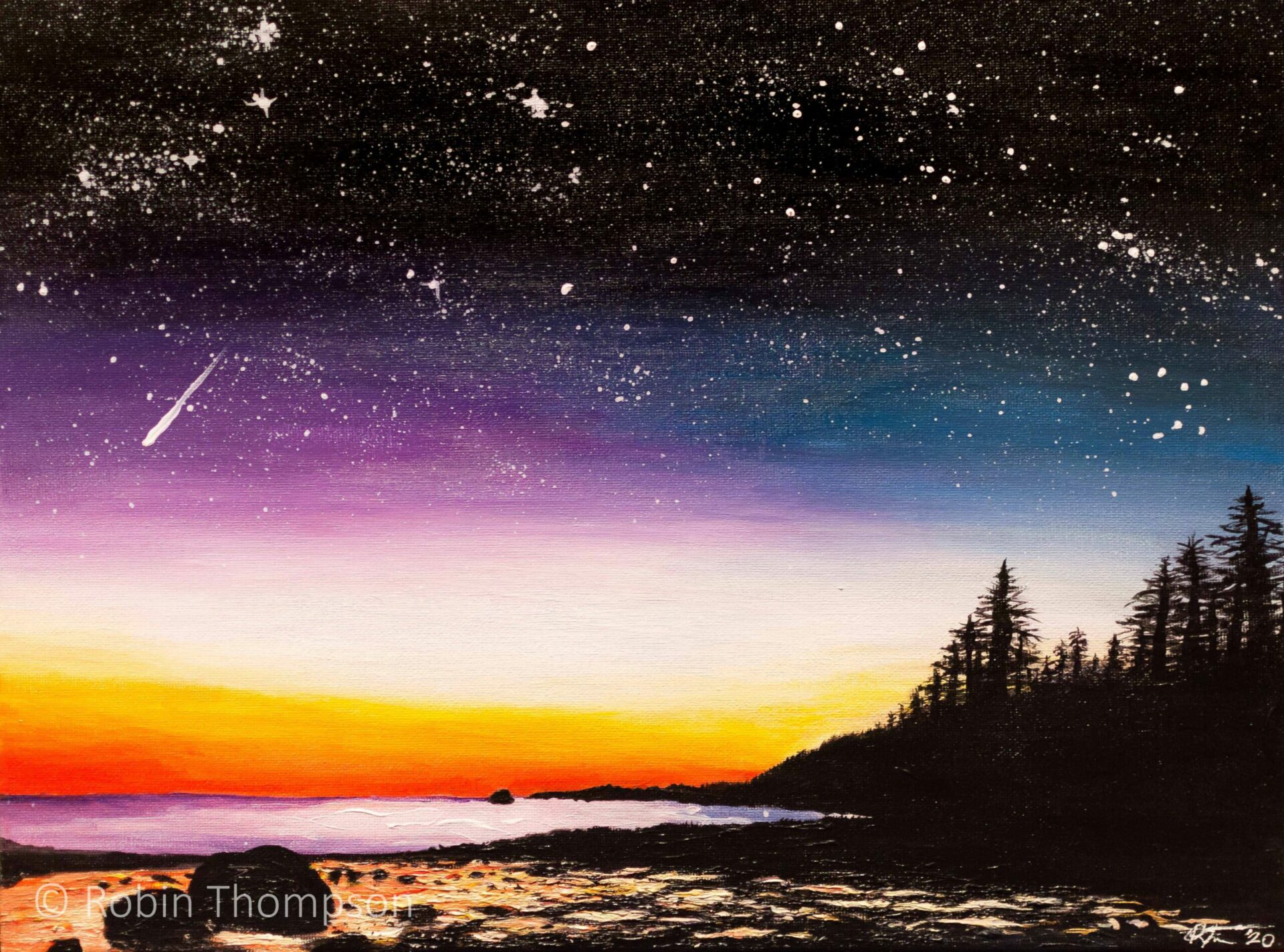 An acrylic painting of a sunset over a lake/ocean scene, with forests silhoutted on the right hand side, and black skies with stars up the top. In the midground there are whites, purples, blues, oranges and reds, and a comet is seen on the left hand side.