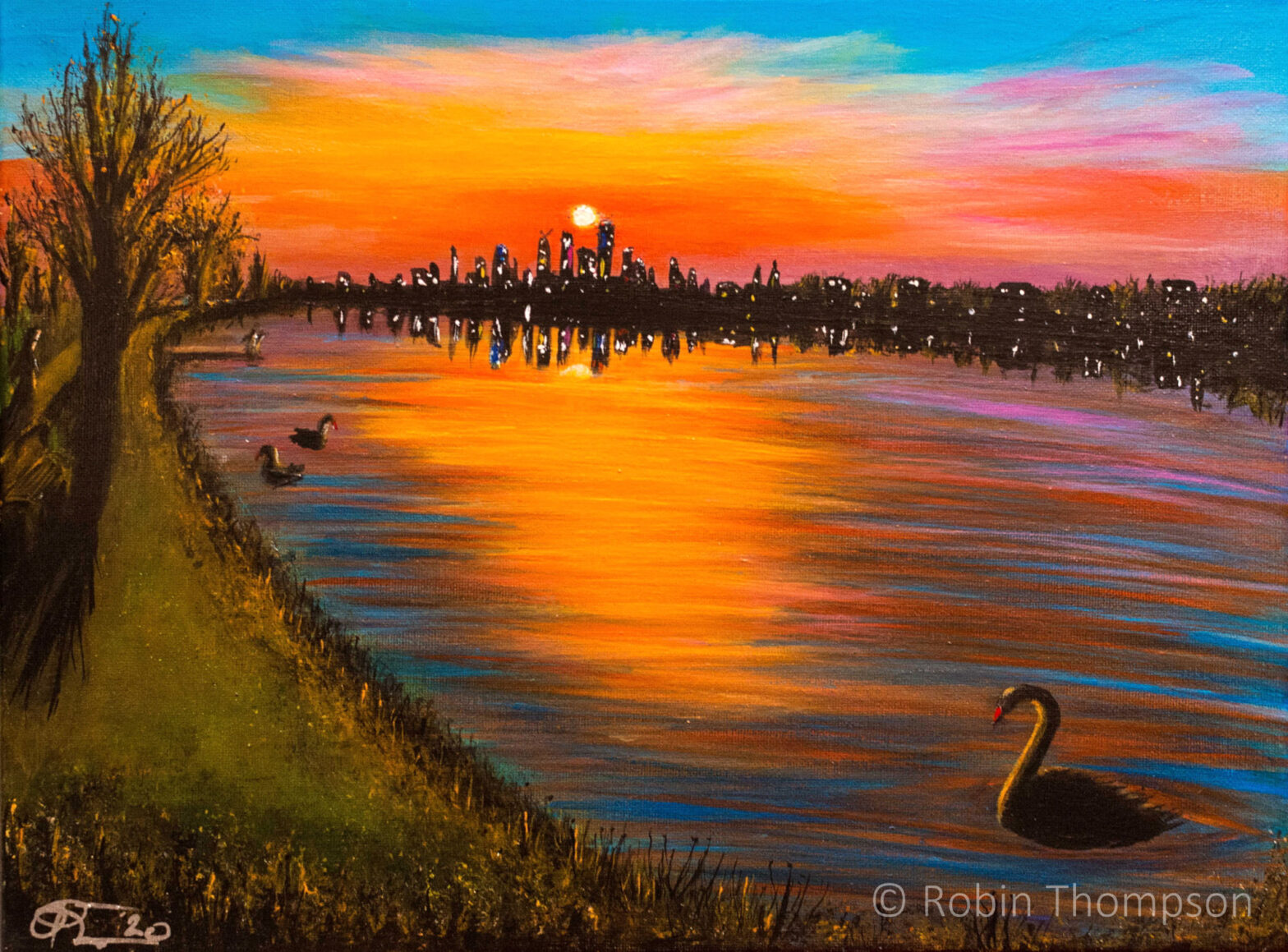 Colourful acrylic painting showing a lakeside view of a sunset, with city buildings (Melbourne/Naarm) in the background. A swan in the foreground is shown, and emotive, primary colours bring a vibrancy to the scene.