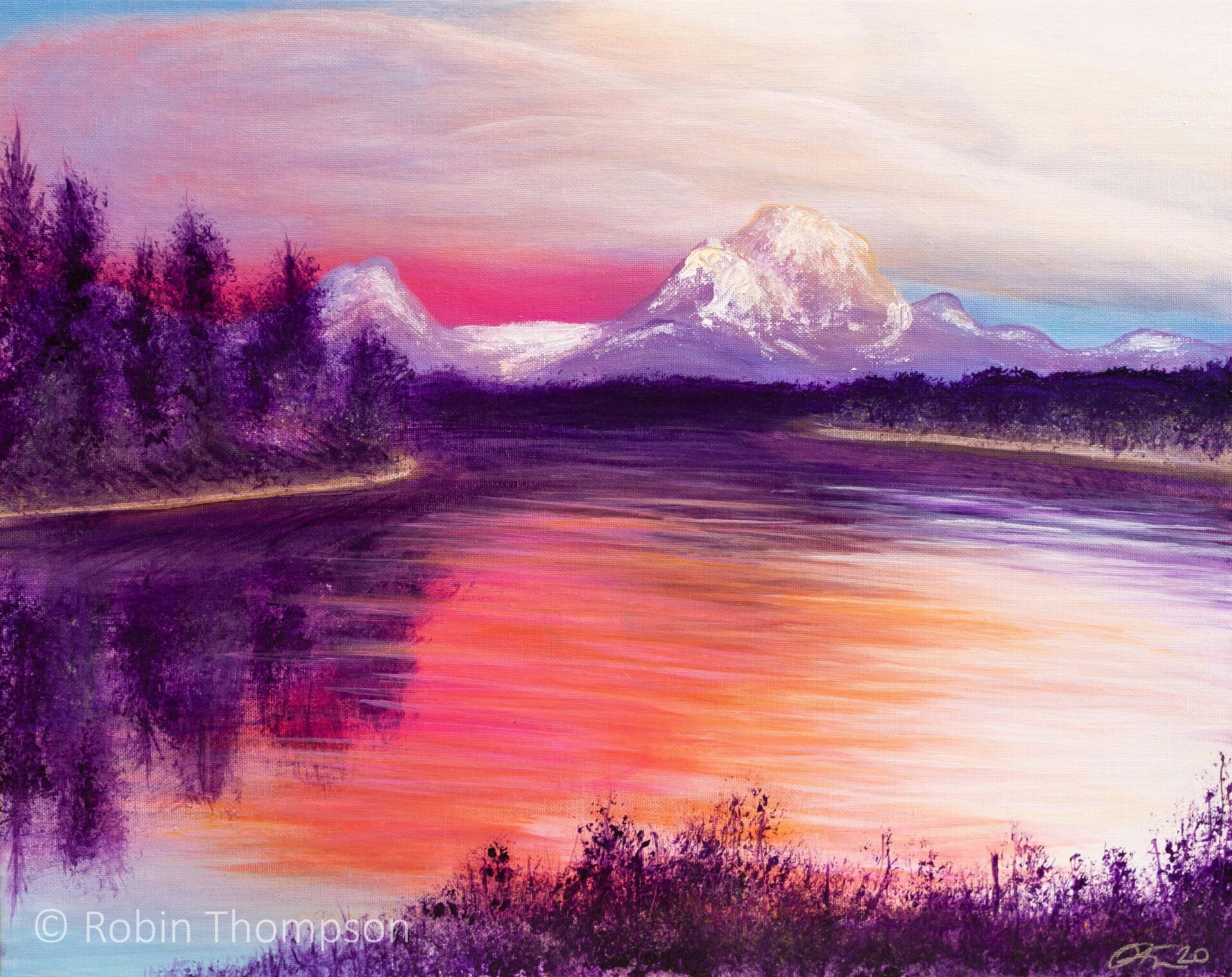 An acrylic painting of a mountain scene, with a large lake in the foreground, painted mostly in purples, pinks and oranges. Large fluffy clouds are seen at the top of the painting, and the lake reflects a purple forest in the middle.