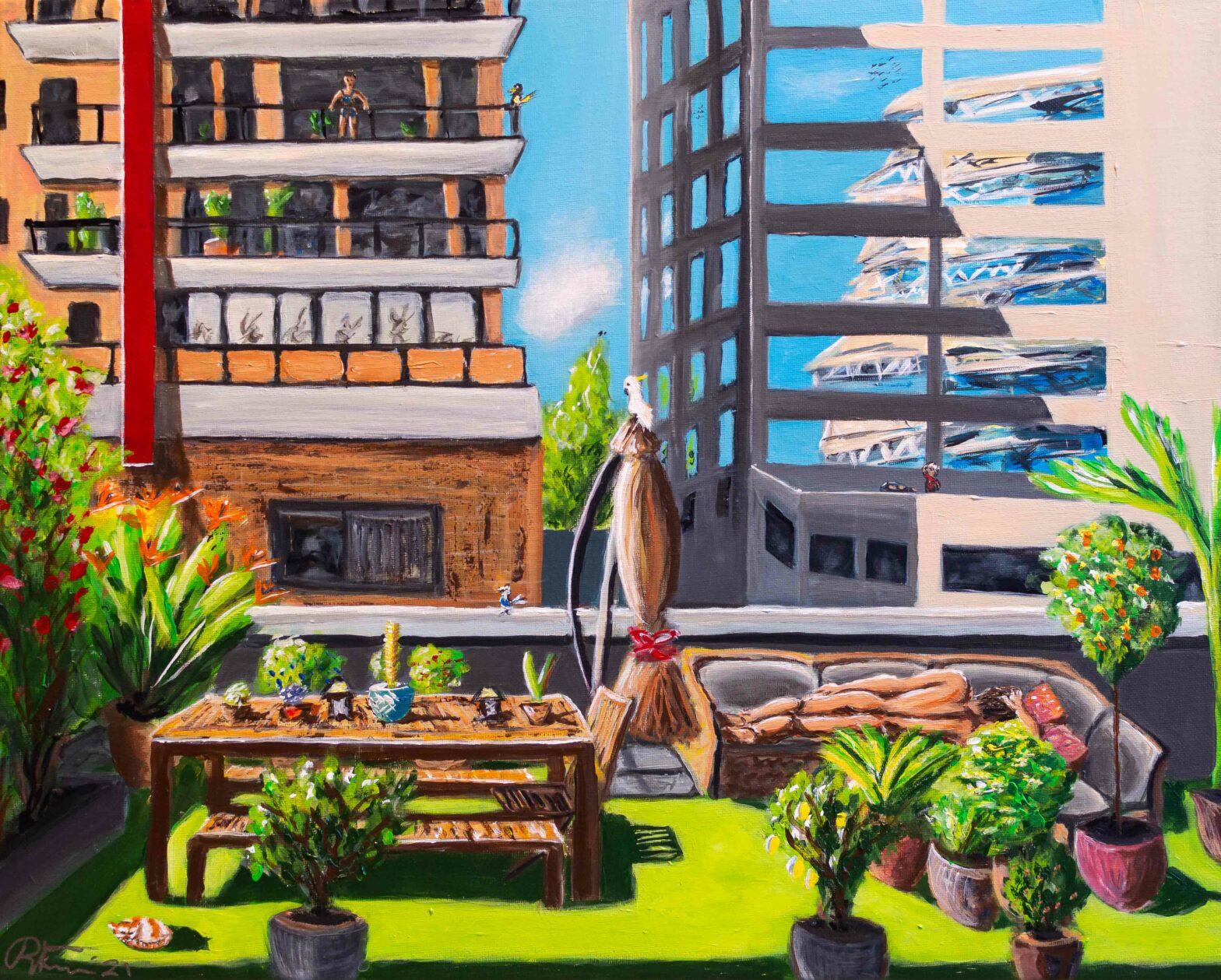 Acrylic painting of a colourful suburban apartment terrace, with multiple buildings and bright pot plants in view.