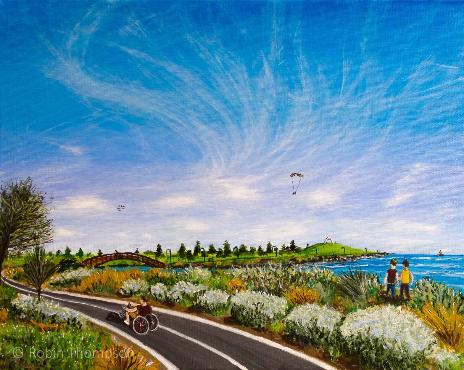 Acrylic landscape painting of the bay, showing a bright blue sky with lush green vegetation.