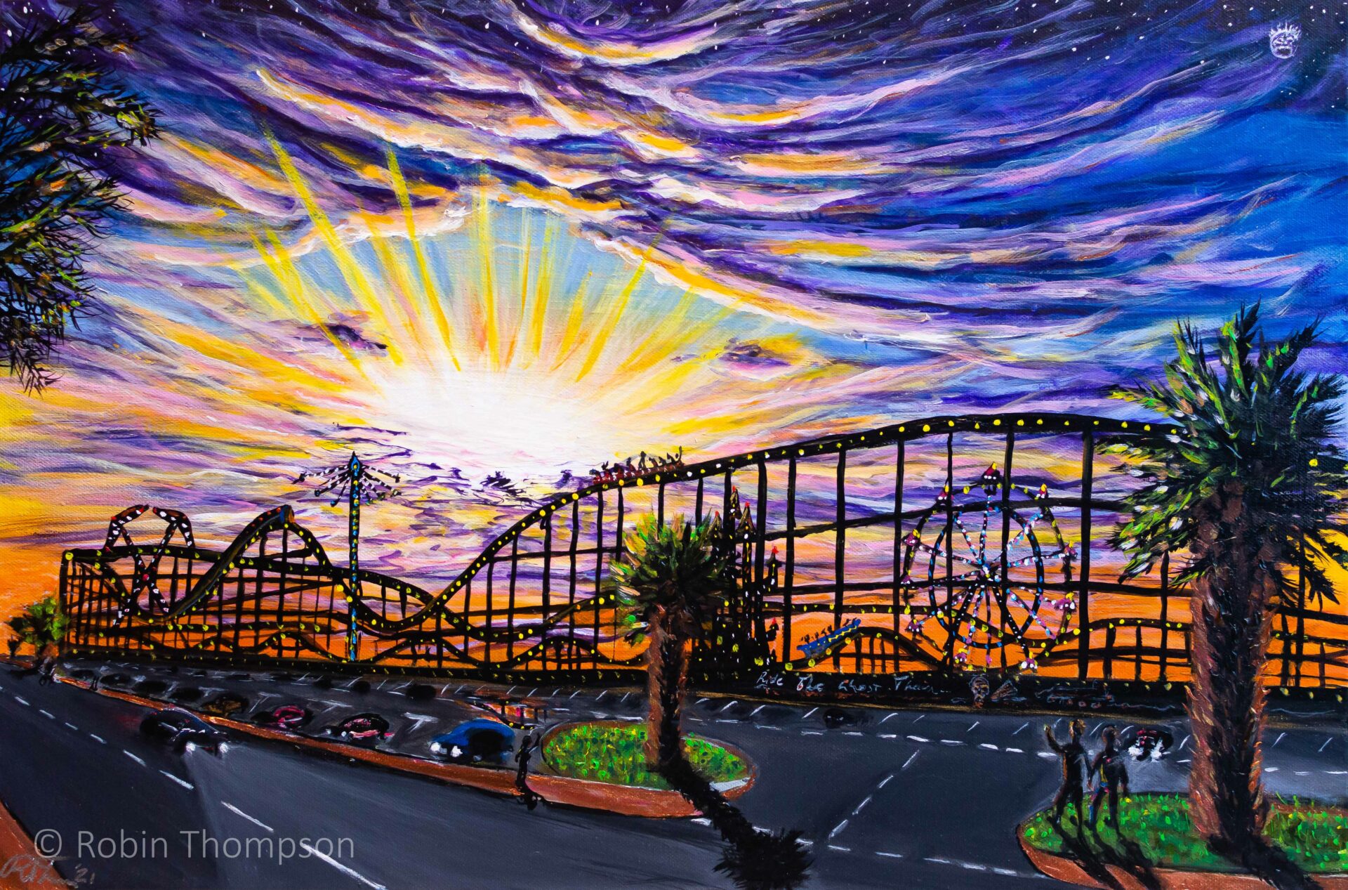 A colourful scene portraying an amusement park at dusk, with blues/yellows/oranges/purples across a starry sky and dramatic clouds. Figures are seen in the foreground watching the rollercoaster, and a car is headed in the direction of the viewer.