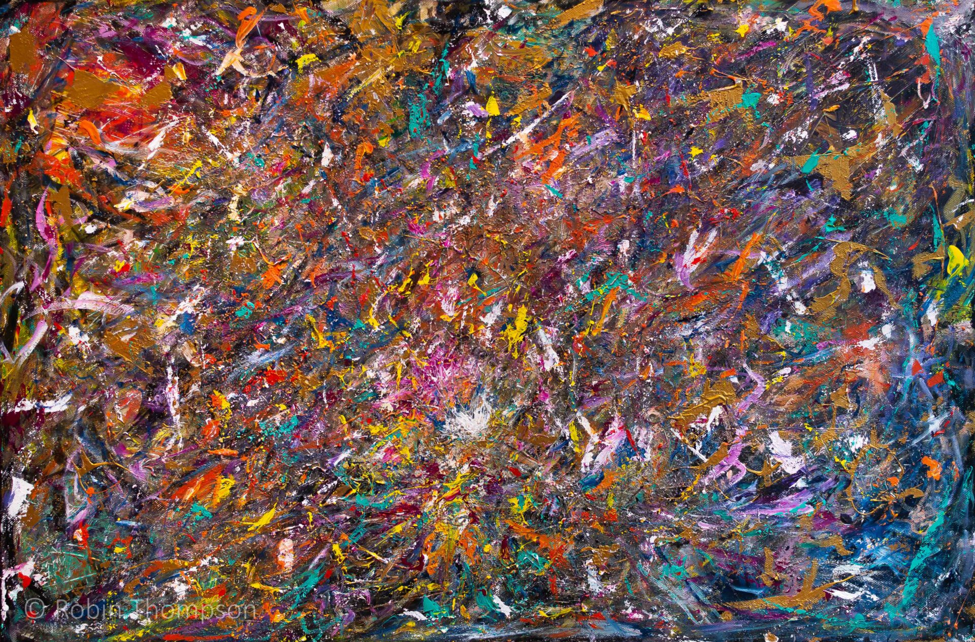 Acrylic abstract expressionism painting showing a large field of colours and non-figurative forms. Expressive brushstrokes and multiple overlapping fields of colour combine to create a chaotic feeling.