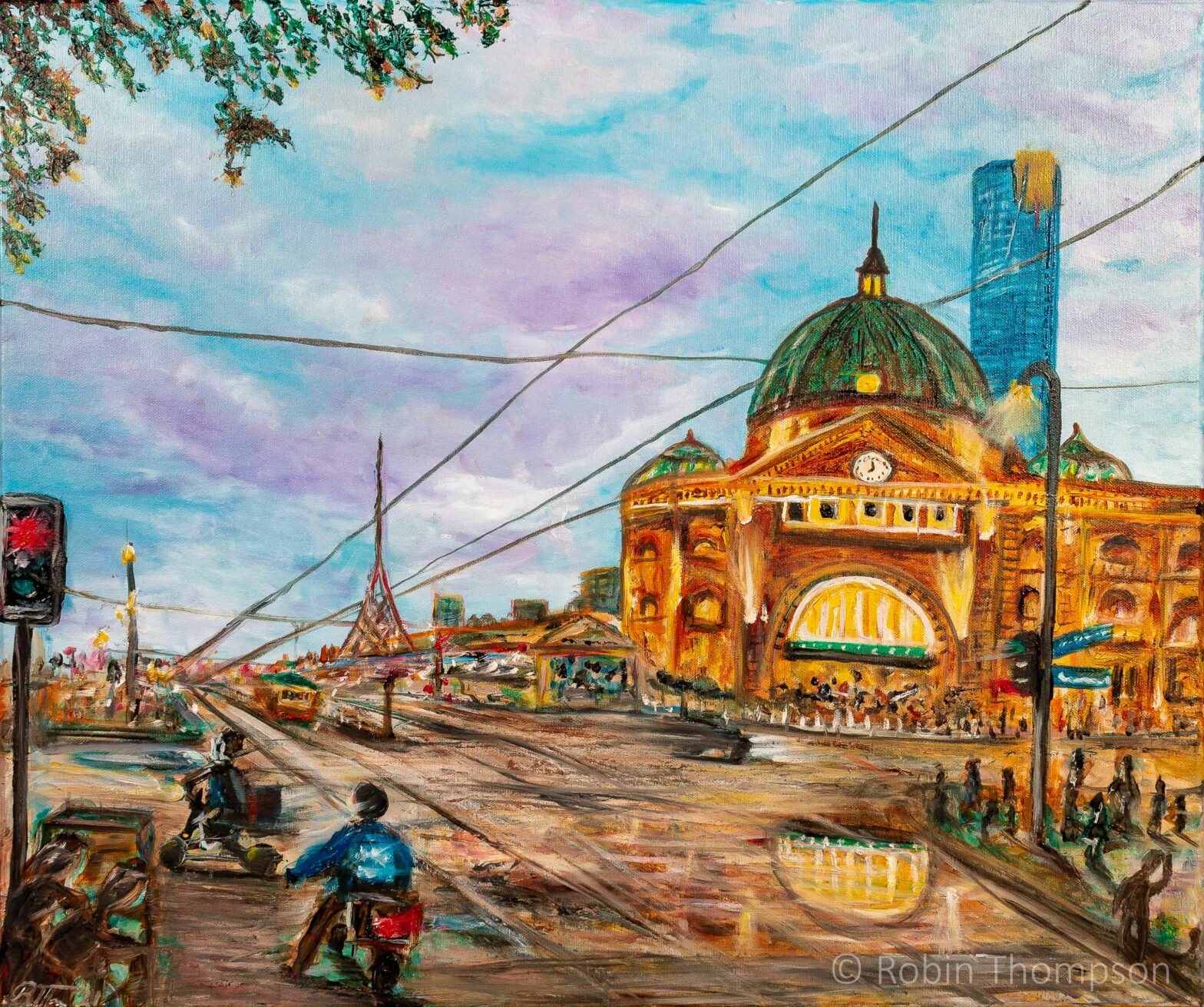 Oil painting showing a train station lit up in yellow and gold, with a blue and purple sky, and many people/drivers/motorcyclists in the foreground going about their business.