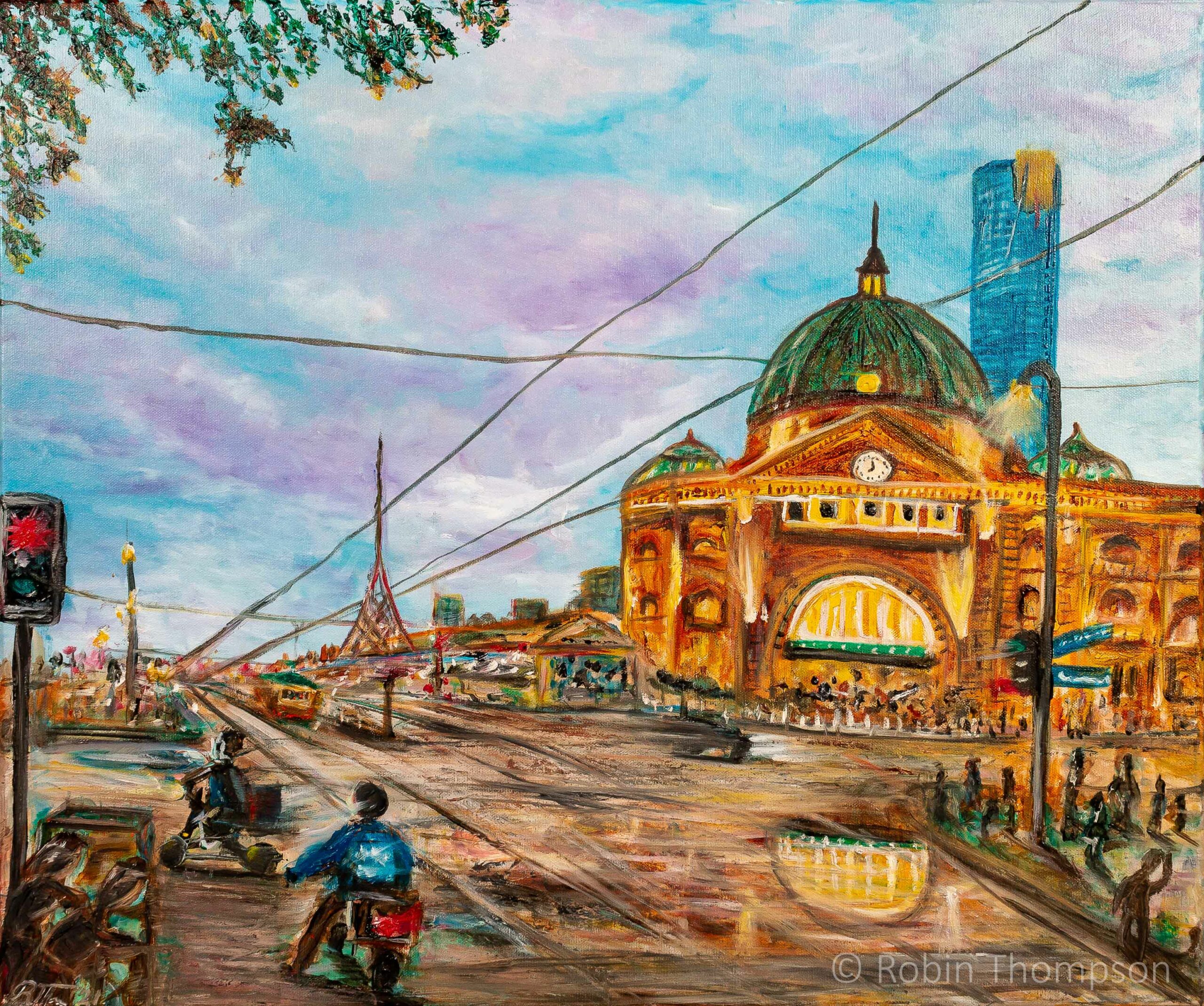 Acrylic painting showing a train station lit up in yellow and gold, with a blue and purple sky, and many people/drivers/motorcyclists in the foreground going about their business.