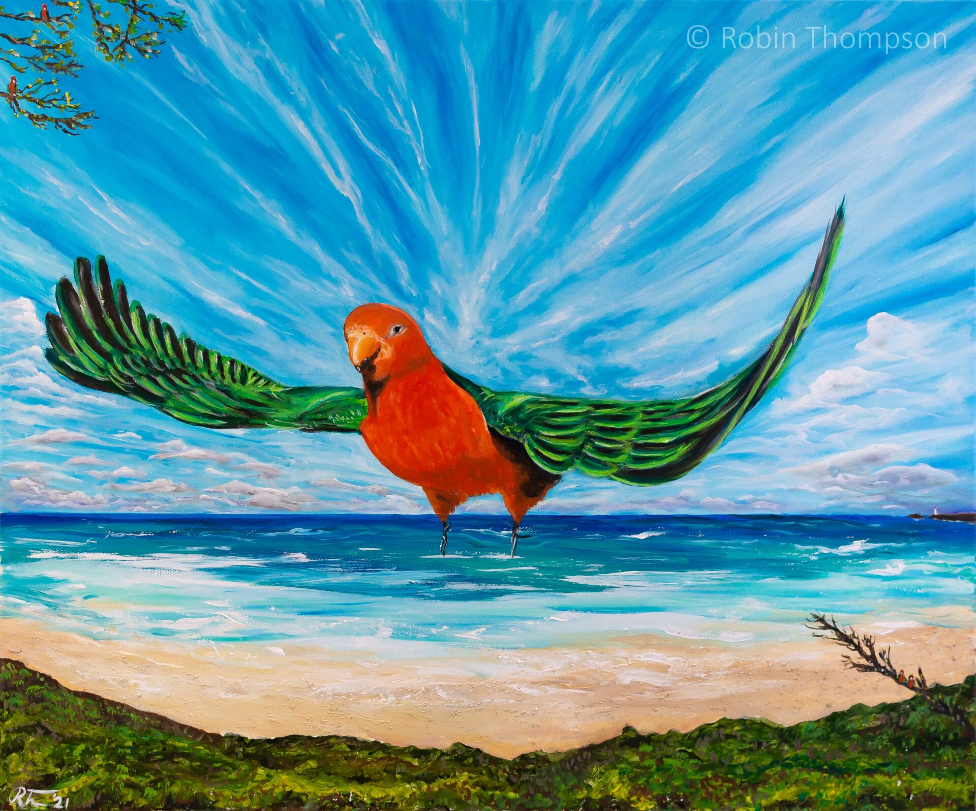 Acylic painting of a red and green Australian King Parrot bird flying over a large beach landscape. Dramatic clouds and white sandy beaches emphasise the scene and the figure of the parrot in the centre of the painting.