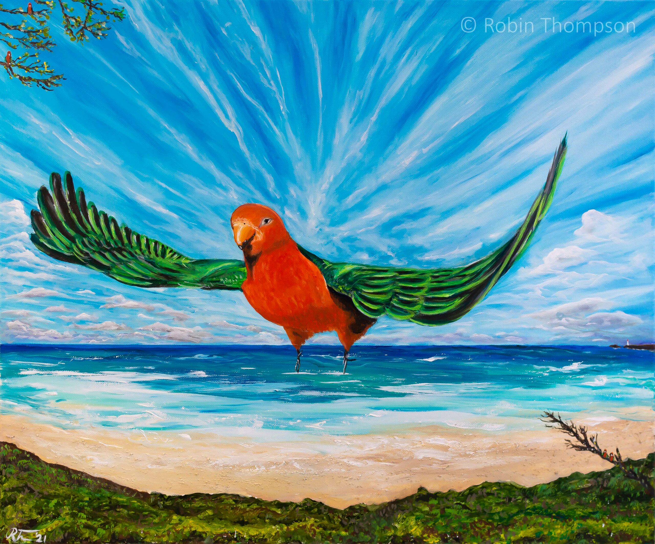 Acylic painting of a red and green Australian King Parrot flying over a large beach landscape. Dramatic clouds and white sandy beaches emphasise the scene and the figure of the parrot in the centre of the painting.