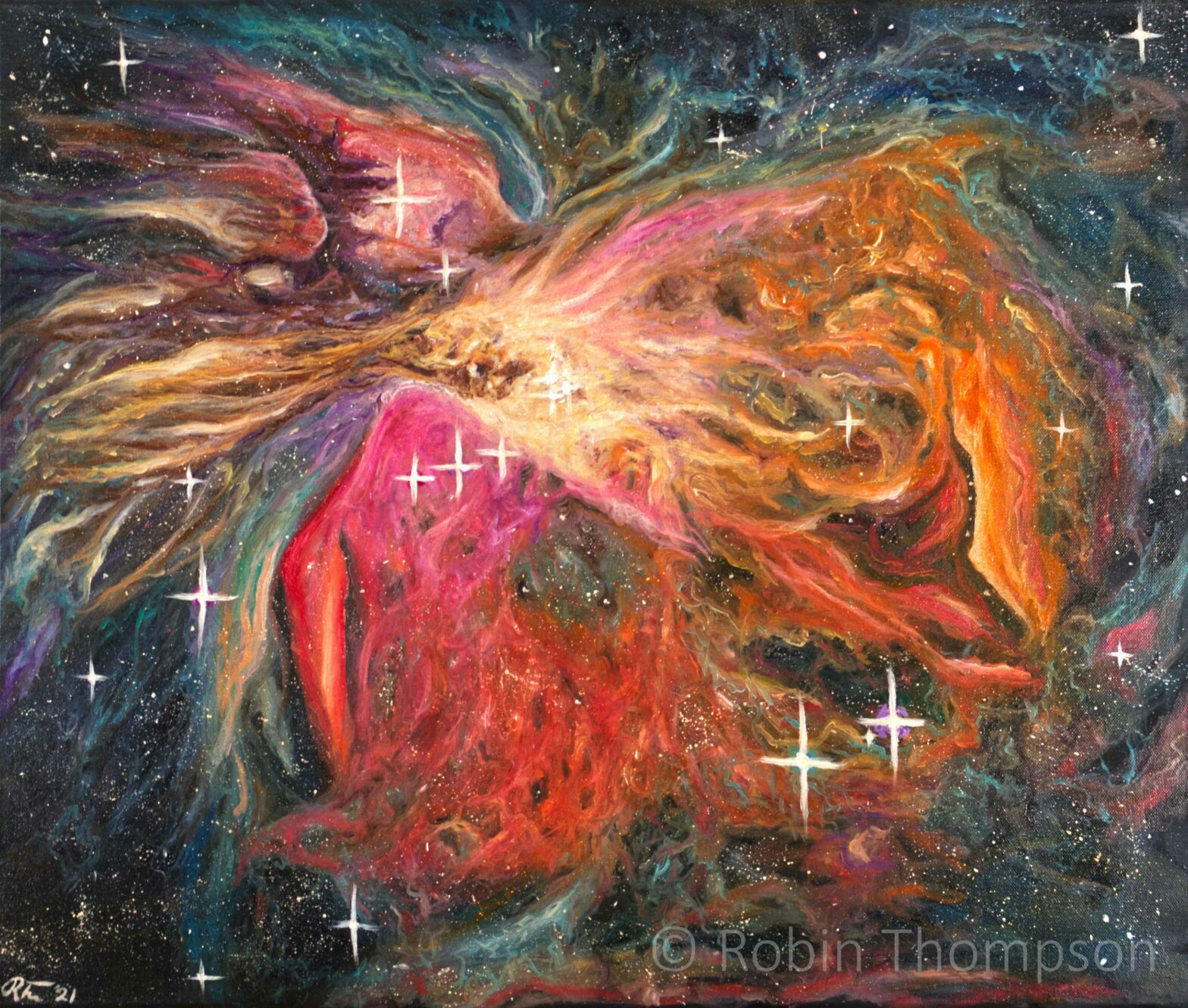 Oil in canvas painting of the Orion Nebula, with large colourful nebula clouds in front of a deep space background. Stars can be seen shimmering throughout the composition.